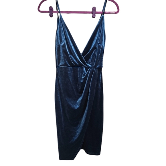 THE VINTAGE SHOP Velvet blue deep v neck wrap front mini dress. Size Small - Picture 1 of 9
